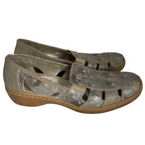 Rieker Leather Snakeskin Shoes Womens 8.5 Silver Beige Floral Slip On Cut Out